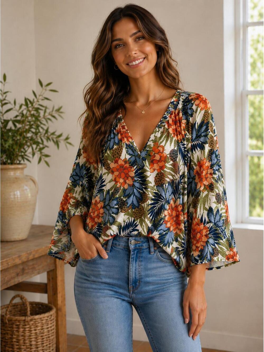 429 Ninety Clothing Co Large 26" PTP Boho Floral Print Blouse R0000429